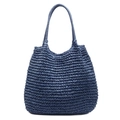 Borsa tote in paglia intrecciata blu con manici rinforzati e grande capacità casual - Blu