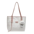 Witte tote bag met slangenprint, roze lederen bies en pluche wolkbedeltje - Met Hanger / Broken Wit