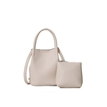 Minimalist beige pebble leather bucket bag set with shoulder strap and small pouch - White
