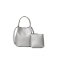 Silver lychee grain leather bucket bag set with matching small zipper pouch and strap - Silver