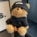 Süße Teddybär-Plüsch-Umhängetasche in Braun mit schwarzem Hoodie und Goldkette - Schwarz