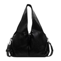 Versatile black tote bag in pleated faux leather with adjustable shoulder strap - Black