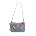 Borsa in denim azzurro a pois bianchi con finiture in pelle rosa e catena di perle - Blu & Rosa