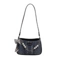 Borsa hobo in denim blu con catena di perle, fiocco metallico e finitura glitter - Blu e Nero