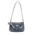 Borsa a tracolla in denim blu vintage con fiocco d'argento e catena di perle - Blu e Argento