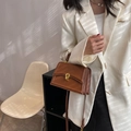 Elegante borsa a patta marrone rettangolare con fibbia dorata e tracolla coordinata - Marrone