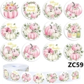Rollo de 500 pegatinas de otoño con calabazas y flores rosas estilo acuarela - ZC59 / 1,5 pulgadas