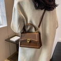 Borsa quadrata in pelle marrone scuro con chiusura a ferro di cavallo dorata e soffietti - Cachi