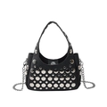 Black pebble leather crossbody bag with silver rivet studs and chain strap handle - Black