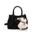 Sac seau noir tissé chic avec détail de nœud et un pendentif ours en peluche mignon - Avec Pendentif en Peluche / Noir