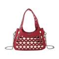 Red pebbled leather handbag with silver punk studs and metal chain strap for women - Red