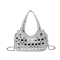 Silver lychee pattern hobo bag with metallic studs and chain shoulder strap - Silver