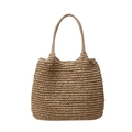 Minimalist straw woven tote bag in natural khaki with crochet texture and sturdy handles - Khaki
