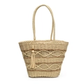 Beige bohemian strooien tote bag met verfijnd opengewerkt vlechtwerk en kwastjes - Broken Wit