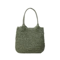Green handmade straw tote bag with minimalist woven texture and long shoulder straps - Green