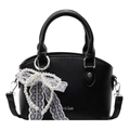 Black pebble leather crossbody bag with pearl bow and lace detailing for women - Black