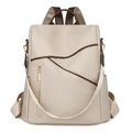 Women's large khaki backpack in soft waterproof nylon with dark brown PU leather trim - Cream-Brown