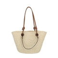 Klassische beige Strohtasche mit braunen Ledergriffen für den Strandurlaub-Stil - Groß / Beige