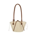 Cremefarbene Strohtasche mit braunen Lederriemen und praktischem Kordelzugverschluss - Klein / Beige