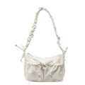 Borsa a nuvola plissettata beige con fiocco e coulisse con perline in pelle sintetica - Bianco Sporco
