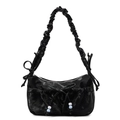 Borsa a spalla nera a pieghe con fiocco e perle decorative su sfondo bianco pulito - Nero