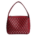 Red pebbled leather shoulder bag featuring silver metal studs and punk style design - Red