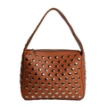 Brown faux leather shoulder bag with silver rivet studs and top zipper closure - Brown