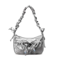 Borsa a nuvola in raso argento con manico arricciato e coulisse con perline colorate - Argento