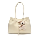 Sac seau tissé crème avec de longues anses et un joli charme d'ours en peluche - Avec Pendentif / Blanc
