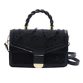 Navy blue denim crossbody bag featuring fringe texture and woven handles for women - Blue