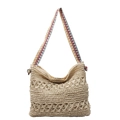 Beige ausgehöhlte Stroh-Schultertasche mit buntem Bohème-Gurt für Strand und Sommer - Buntes Band Beige