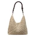 Handmade bohemian woven shoulder bag with chic wooden beads and golden ring details - Off White