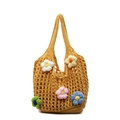 Yellow hollow knit tote bag with 3D colorful crochet flowers and secure zip lining - Brown