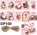 Set of 120 pink vintage Christmas gift tags with twine featuring reindeer and snowman patterns - Pink Vintage Style (DP100)
