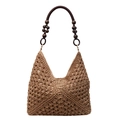 Bohemian woven shoulder bag in dark khaki with wooden bead accents and round rings - Khaki