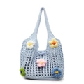 Handcrafted light blue hollow crochet tote bag with colorful 3D knitted flower details - Blue