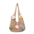 Handmade crochet shoulder bag in khaki with colorful 3D floral decorations - Khaki