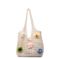 Cream handmade crochet mesh tote bag with colorful 3D floral accents for women - Off-white Colorful Floral