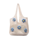 Handmade crochet tote bag in beige with 3D blue flowers and hollow mesh pattern - Off White with Blue Floral