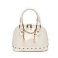 Glossy white shell bag with gold studs and decorative metal dice chain pendant - White