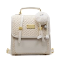 Creamy white versatile lady's backpack featuring woven texture and cute plush charm - With Pendant / Off White