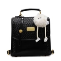 Black woven textured backpack with gold hardware and white plush charm accessory - With Pendant / Black