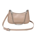 Glossy beige underarm bag with silver chain and adjustable strap in polished finish - Khaki