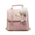 Pink fashion women's handbag with woven texture and white plush charm accessory - With Pendant / Pink