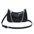 Minimalist black patent leather hobo bag with silver chain and adjustable shoulder strap - Black