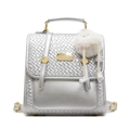 Silver faux leather backpack featuring woven texture, gold hardware, and plush charm - With Pendant / Silver