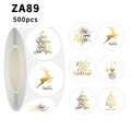 Detail view of 500 gold foil Christmas stickers on a roll featuring festive reindeer and trees - Gold Christmas Style (ZA89)