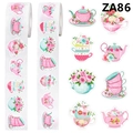 Rotolo da 500 adesivi per tea party con teiere e tazze floreali rosa per scrapbooking - 1.2 Pollici/3 cm (ZA86)