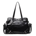 Black leather rock style tote bag with silver metal studs and buckle details - Black