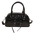 Borsa a spalla in pelle verniciata nera con lacci incrociati decorativi e fiocco moda - Nero